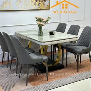 Bộ Bàn Mặt Đá Ceramic Chân Double Q Mạ PVD - 6 Ghế Nhập Khẩu KY-GH04