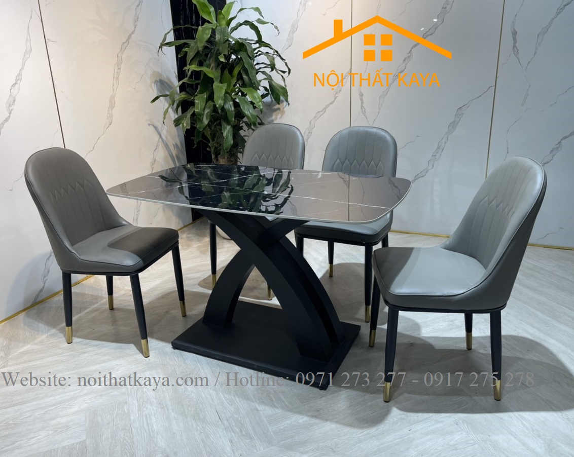 Bộ Bàn Mặt Đá Ceramic Chân X Cong- 4 Ghế Nhập Khẩu KY-GH24