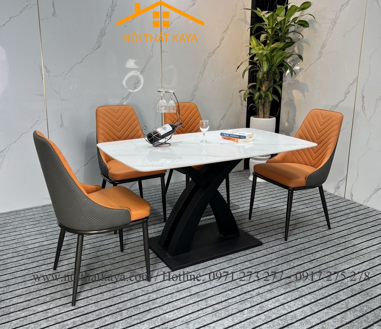 Bộ Bàn Mặt Đá Ceramic Chân X Cong - 4 Ghế Nhập Khẩu KY-GH04