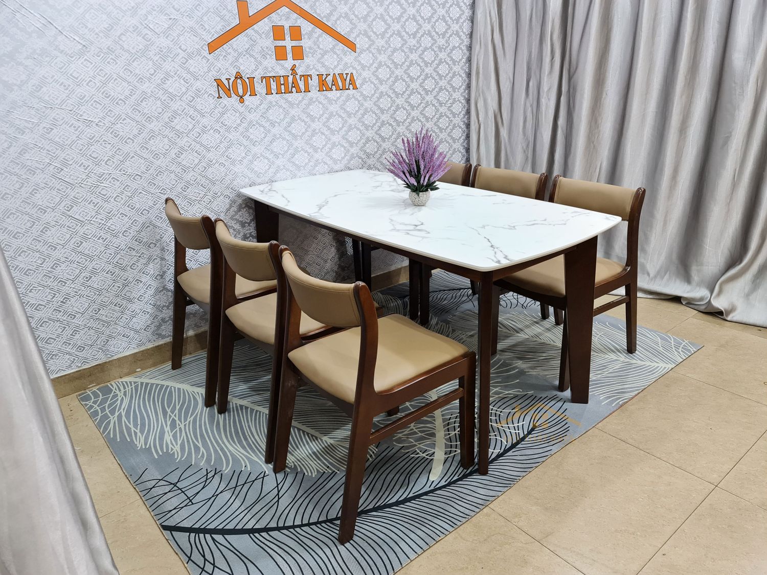 Bộ bàn mặt đá 6 ghế Benla chân A màu nâu - Ảnh 3