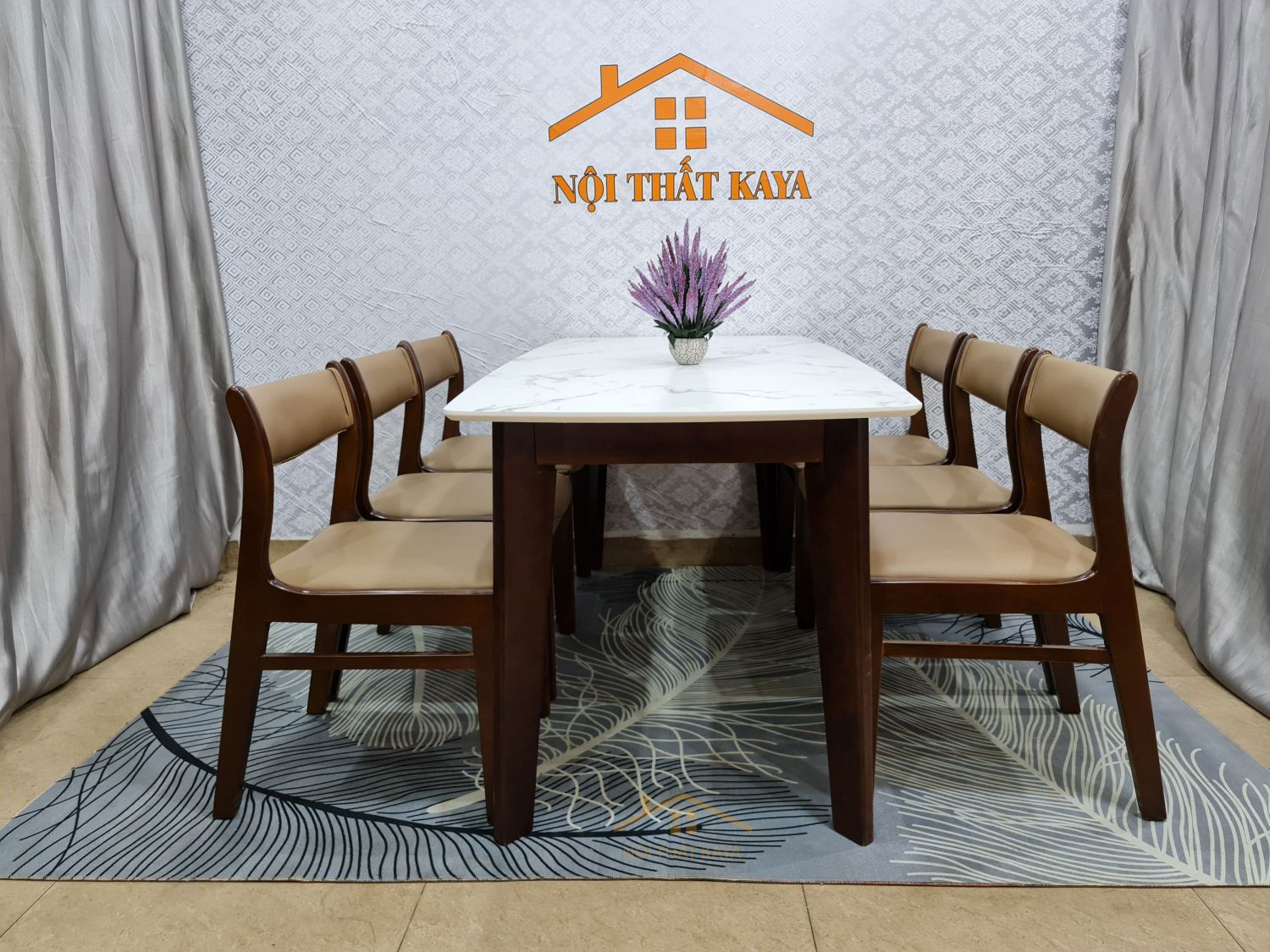 Bộ bàn mặt đá 6 ghế Benla chân A màu nâu