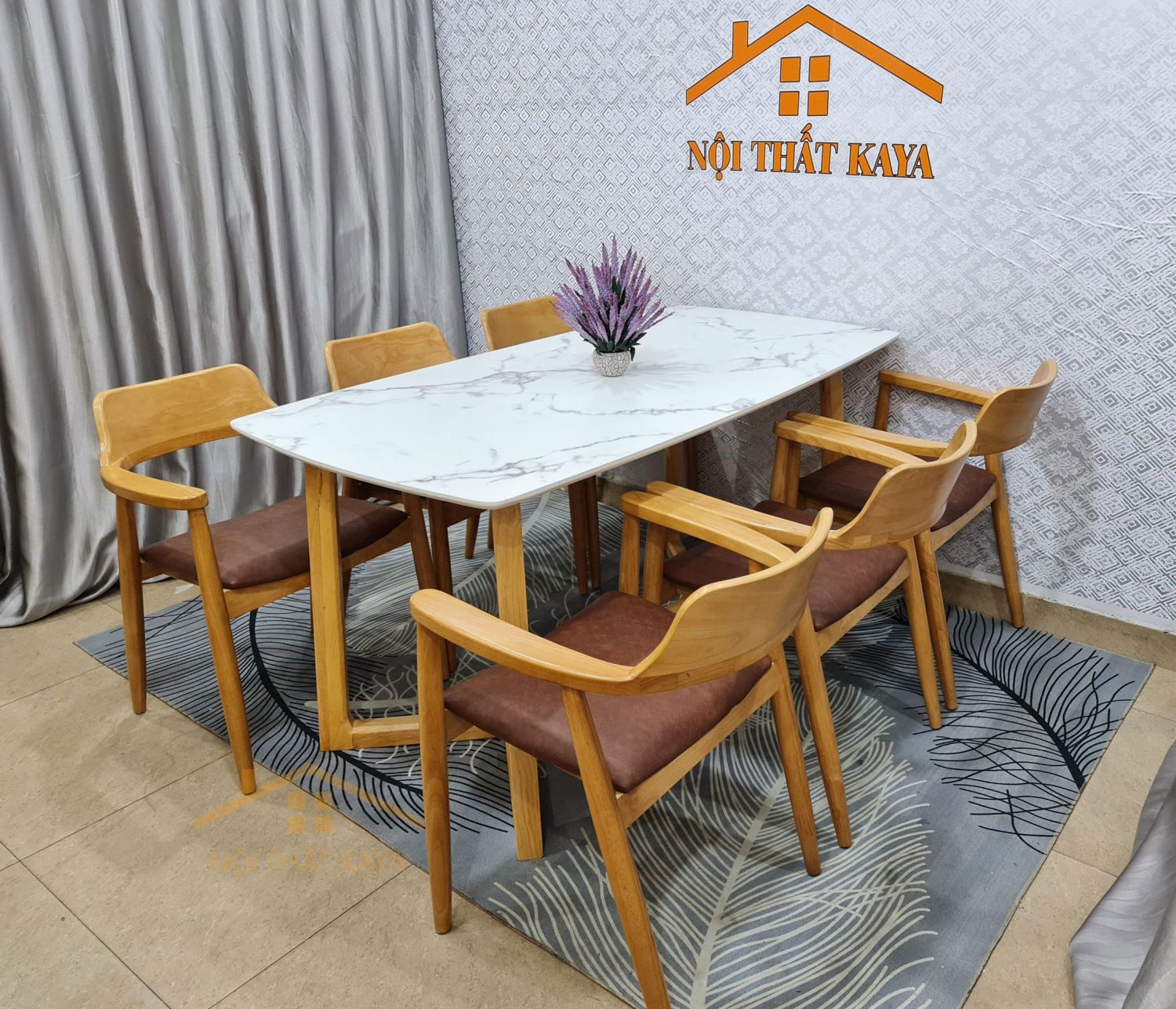 Bộ bàn ăn mặt đá chân M 6 ghế Hirosima màu gỗ tự nhiên - Ảnh 2